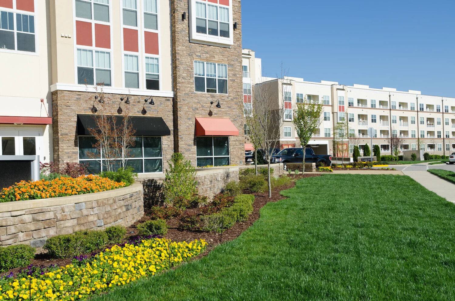 Retail center landscape maintenance by New Dawn Landscaping